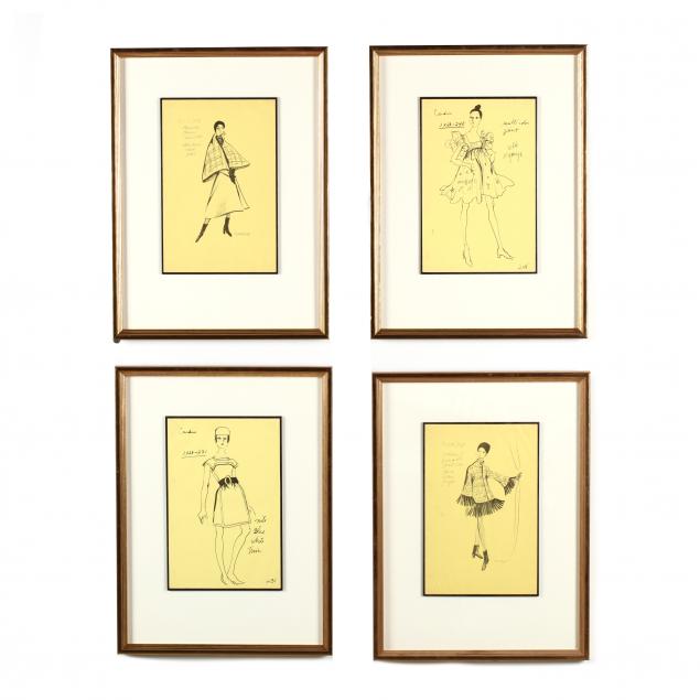 pierre-cardin-french-b-1922-four-framed-fashion-illustrations