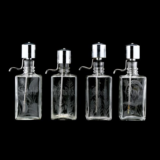 four-vintage-etched-glass-pump-decanters