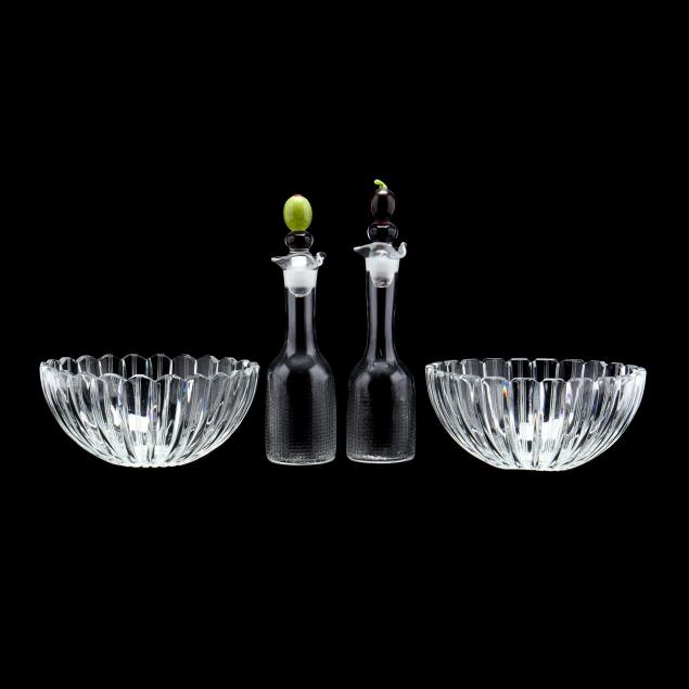 pair-of-glass-serving-bowls-and-signed-oil-jars