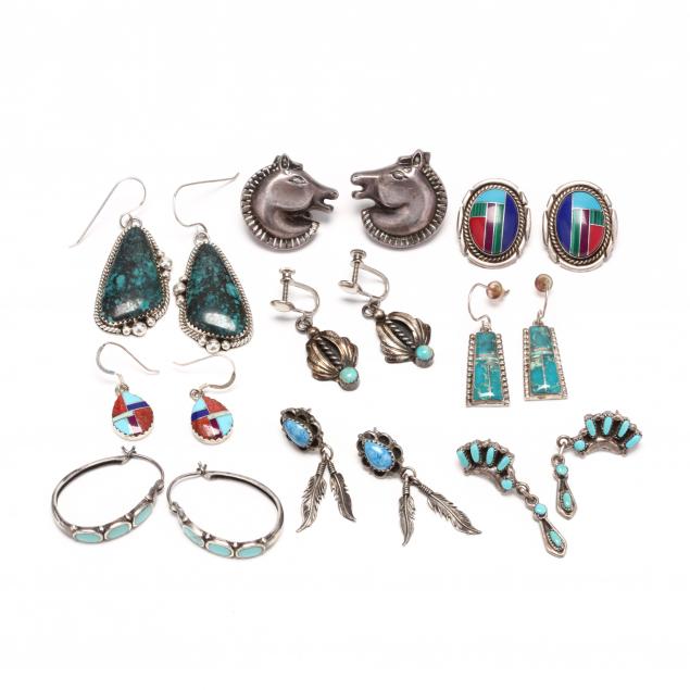 nine-pairs-of-southwestern-silver-and-gem-set-earrings