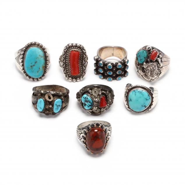 eight-southwestern-silver-and-gem-set-rings