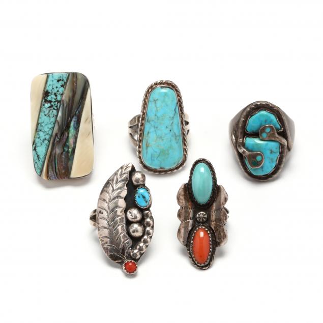 five-southwestern-silver-and-gem-set-rings