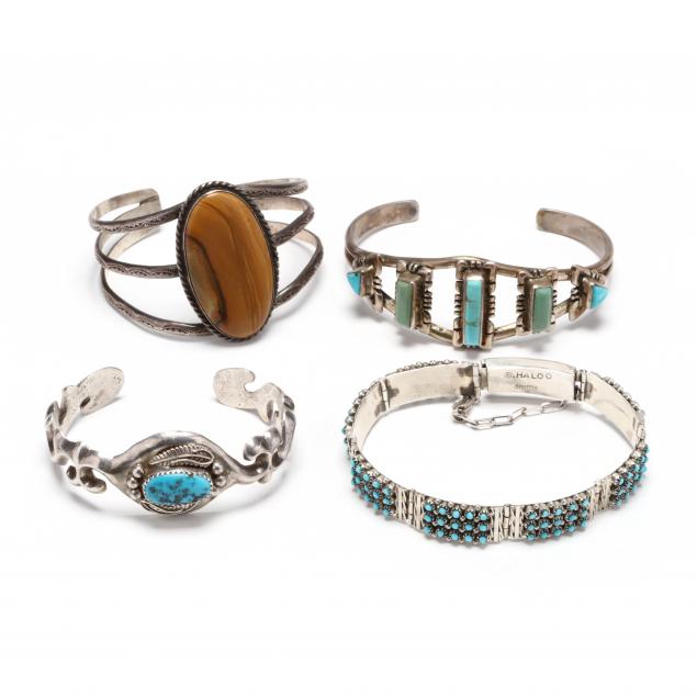 four-southwestern-silver-and-gem-set-bracelets