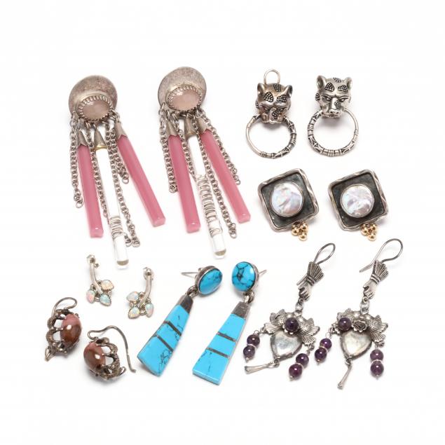 seven-pairs-of-silver-and-gem-set-earrings