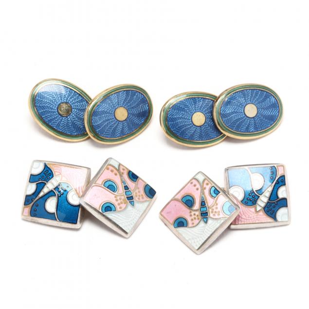 two-pairs-of-sterling-silver-and-enamel-cufflinks