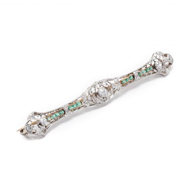 antique-platinum-gold-diamond-and-emerald-bar-brooch