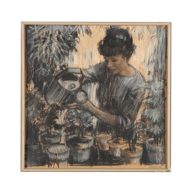 don-neiser-1918-2009-drawing-of-woman-watering-potted-plants