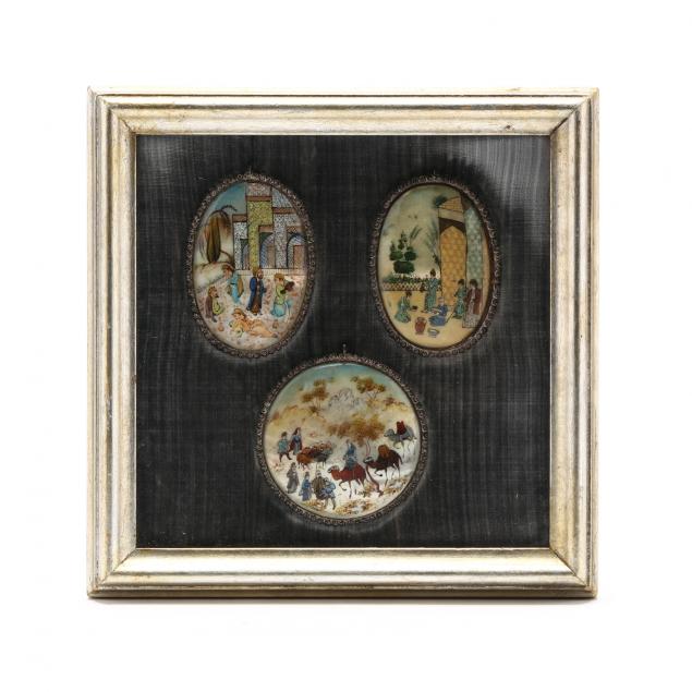 a-framed-group-of-three-persian-paintings-on-abalone-shells