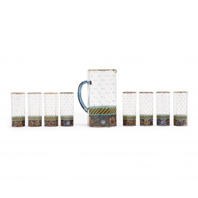 mackenzie-childs-pitcher-and-eight-glasses