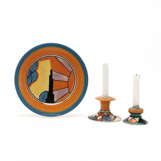 clarice-cliff-i-bizarre-i-plate-sun-ray-pattern-and-two-candlesticks