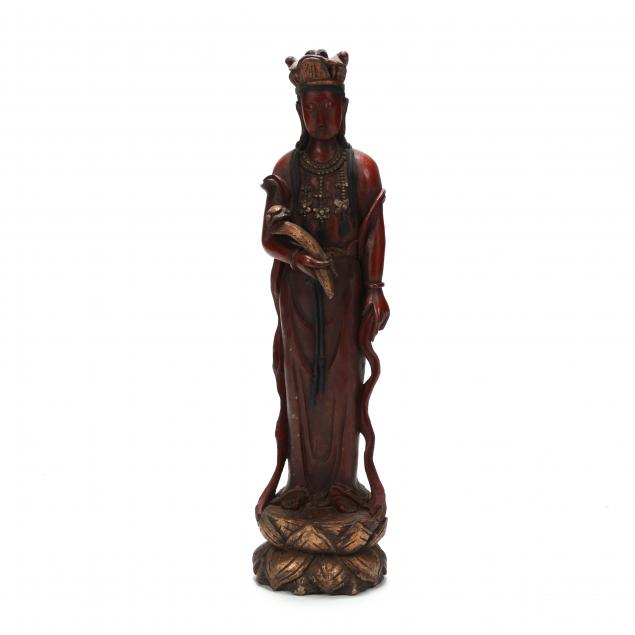 a-chinese-carved-wooden-lacquered-guanyin-statue