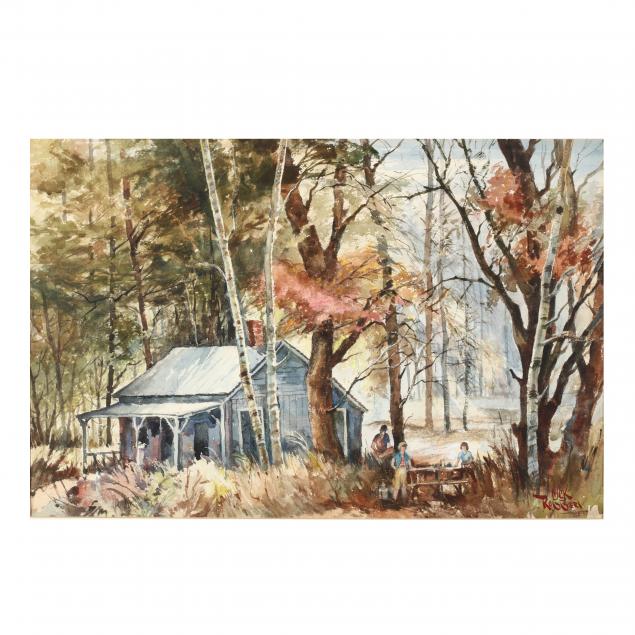 nick-ruggieri-pa-1908-1996-watercolor-of-figures-in-a-forest-interior