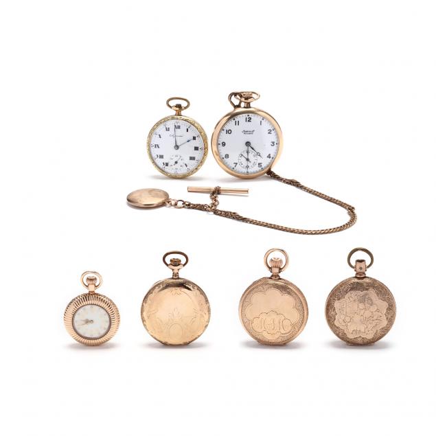 six-antique-gold-filled-pocket-watches