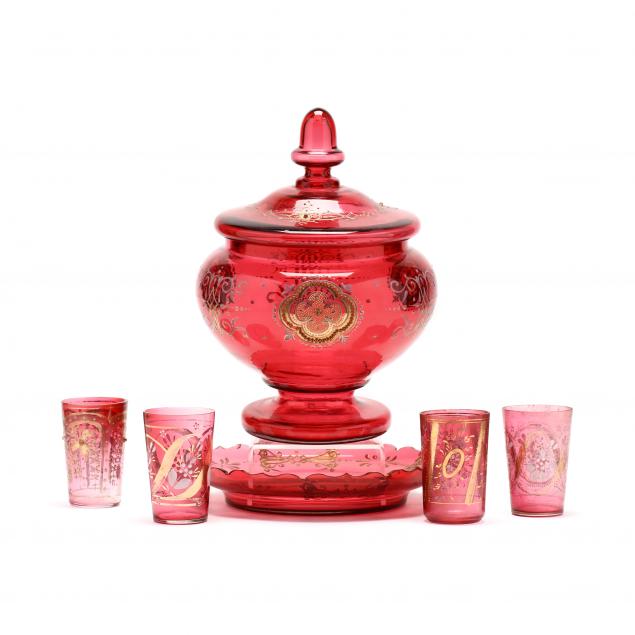 bohemian-cranberry-glass-assembled-punch-bowl-set