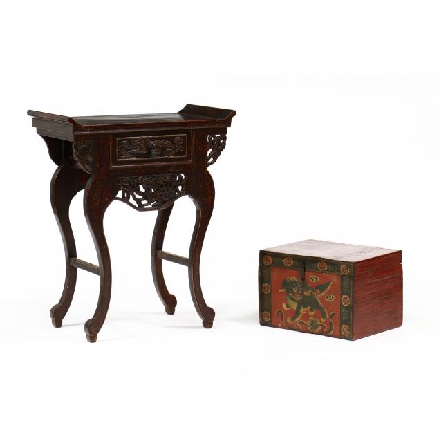 chinese-lacquered-storage-box-and-one-drawer-table