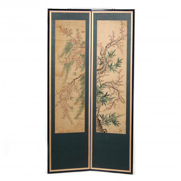 a-korean-two-panel-folding-screen-with-cherry-and-plum-blossoms