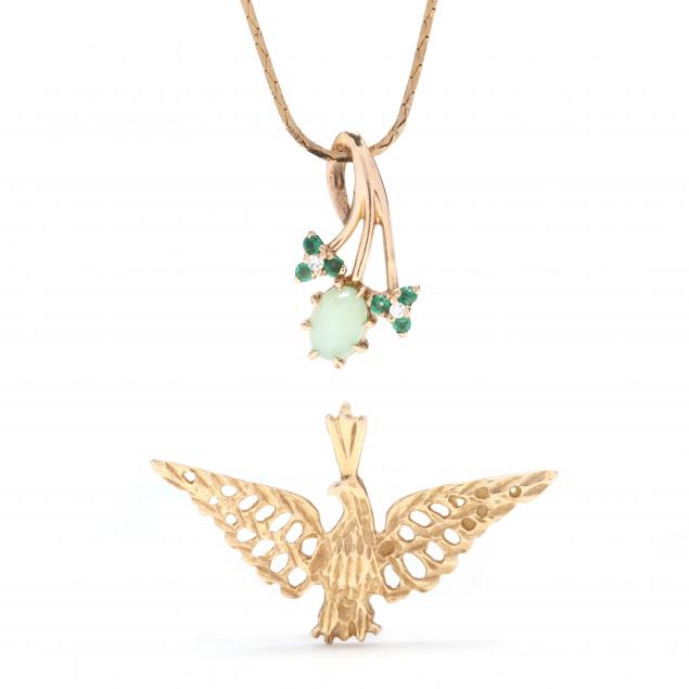 a-gold-and-gem-set-pendant-and-a-gold-eagle-pendant