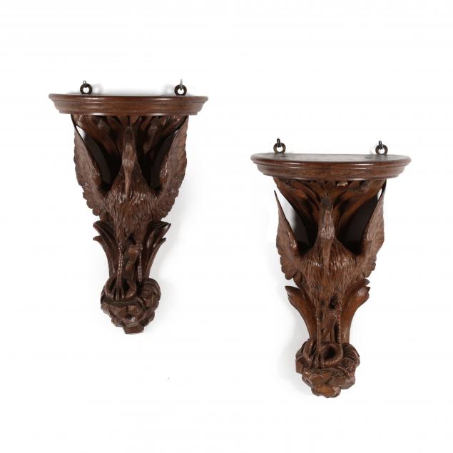 pair-of-english-oak-bird-and-snake-form-wall-brackets