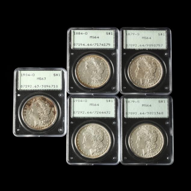 five-mint-state-morgan-silver-dollars-in-early-pcgs-rattlers