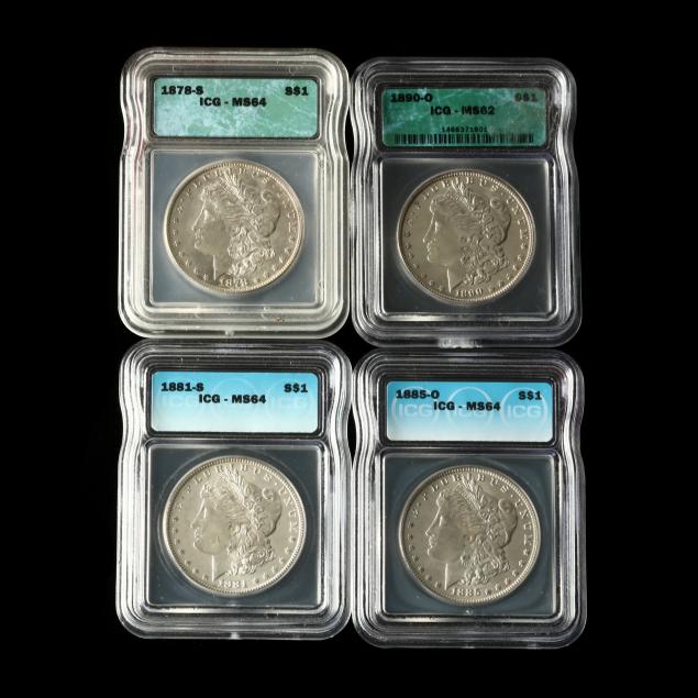 four-icg-graded-mint-state-morgan-silver-dollars