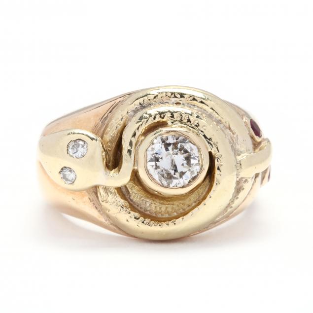 14kt-gold-diamond-and-synthetic-ruby-serpent-ring