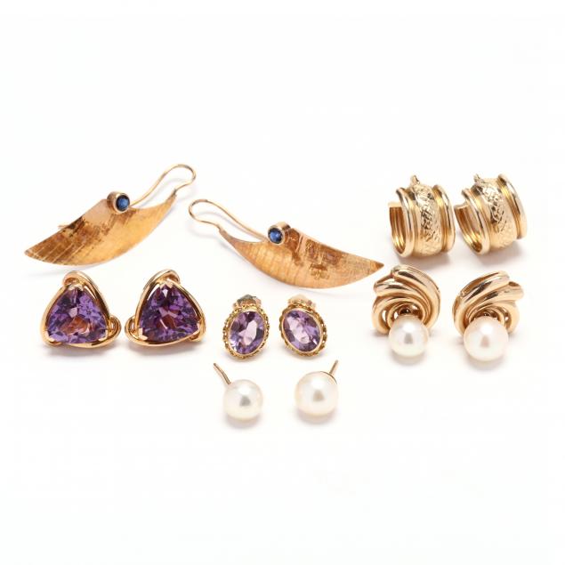 group-of-gold-and-gem-set-earrings