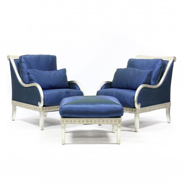 henredon-pair-of-silvered-grecian-style-club-chairs-and-ottoman