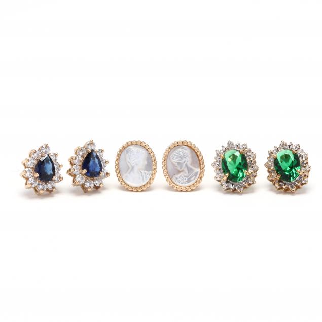 three-pairs-of-gold-and-gem-set-earrings