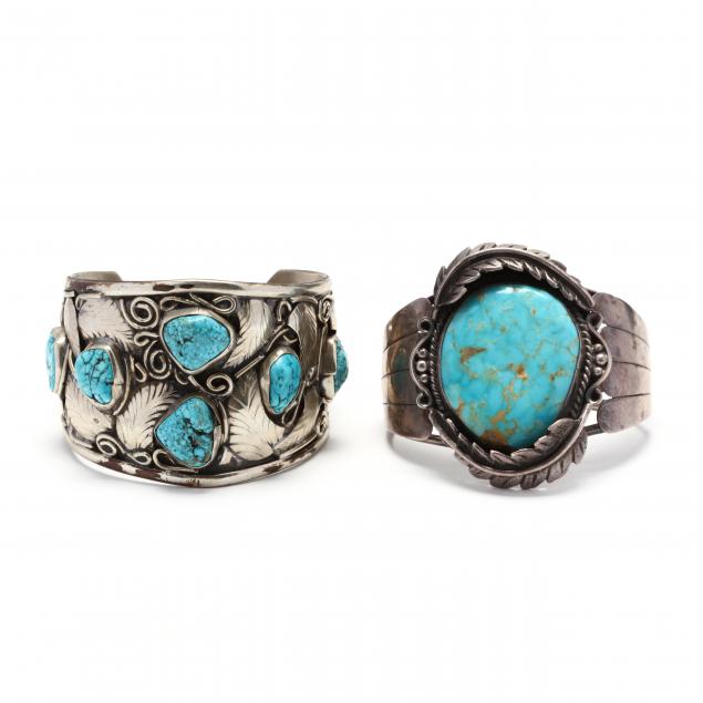 two-southwestern-silver-and-turquoise-cuff-bracelets