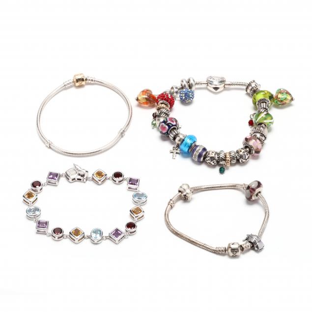 two-pandora-charm-bracelets-and-two-silver-bracelets