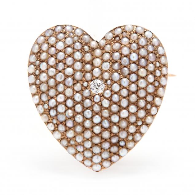 antique-14kt-gold-pearl-and-diamond-heart-brooch