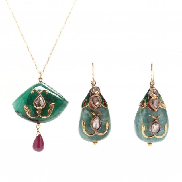 18kt-gold-emerald-diamond-ruby-and-enamel-necklace-and-earrings