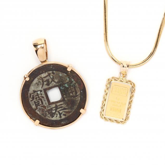 18kt-gold-necklace-with-credit-suisse-pendant-and-a-chinese-coin-pendant