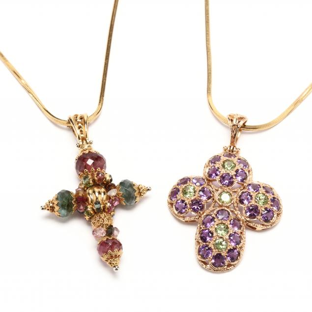 two-gold-and-gem-set-cross-pendant-necklaces