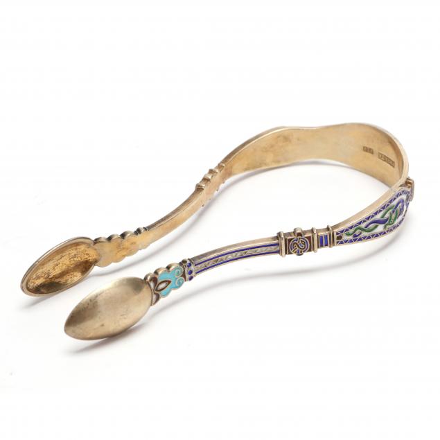 a-pair-of-danish-silver-gilt-enamel-sugar-tongs-mark-of-p-hertz