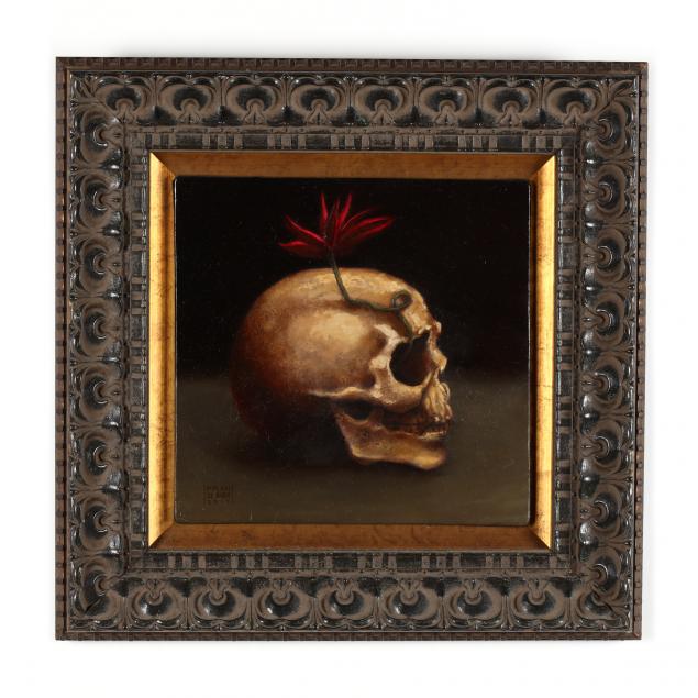 francisco-de-anda-mexican-20th-21st-century-vanitas-still-life-with-skull-and-red-flower