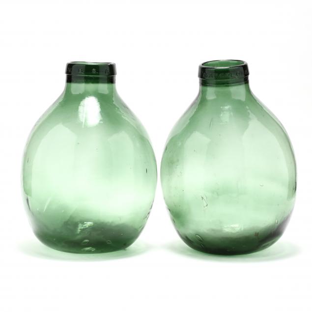 two-large-spanish-green-glass-demijohn-bottles