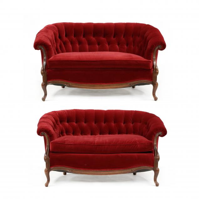 pair-of-american-rococo-style-red-velvet-tufted-settees