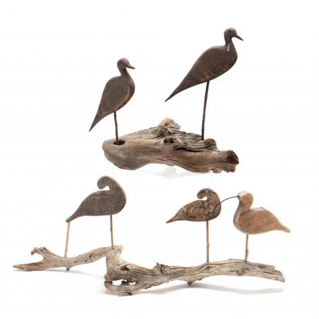 two-pieces-of-driftwood-mounted-with-five-shore-birds