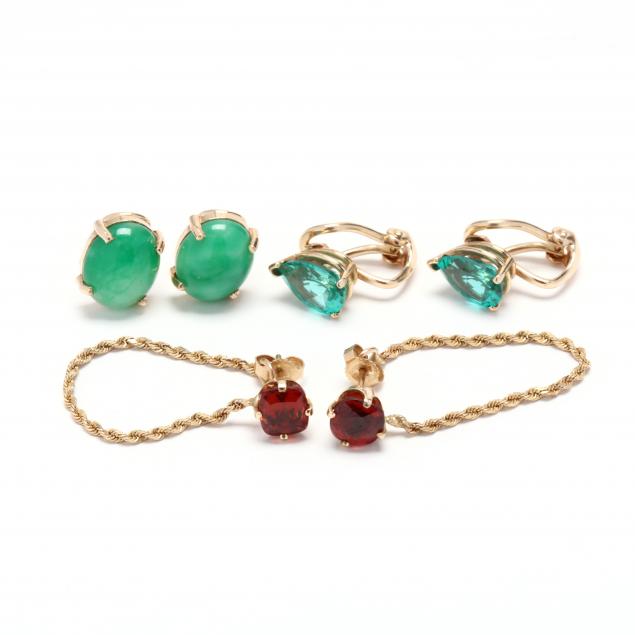 three-pairs-of-gold-and-gemstone-earrings