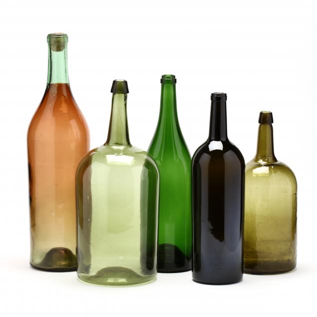 five-large-green-glass-wine-bottles