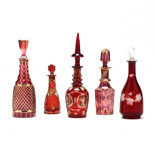 five-antique-bohemian-ruby-glass-decanters