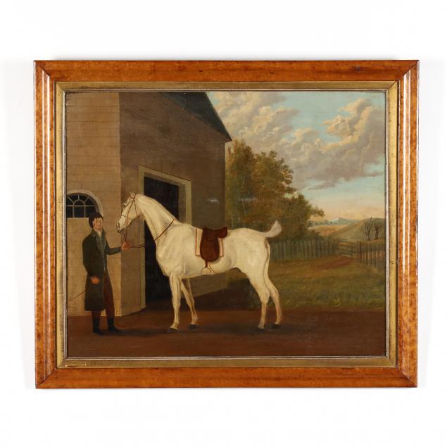 an-antique-english-school-portrait-of-a-white-thoroughbred-with-groom