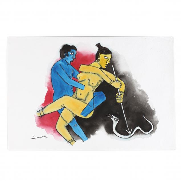 m-f-husain-indian-1915-2011-blue-man-and-yellow-lady-with-snake