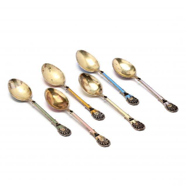 a-set-of-six-norwegian-art-deco-enameled-sterling-silver-gilt-demitasse-spoons