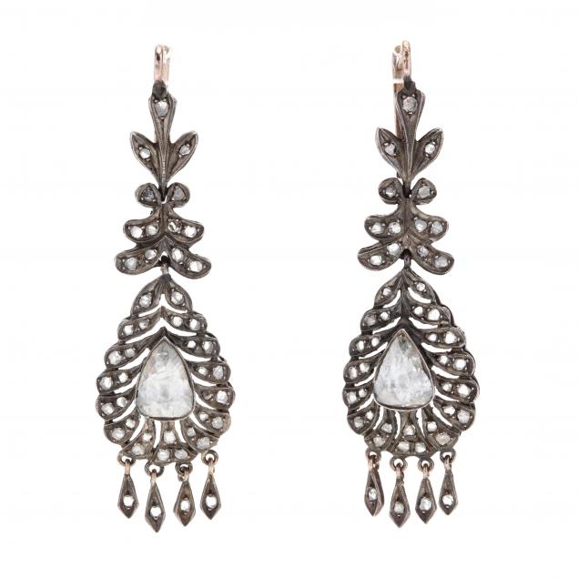 antique-silver-topped-gold-diamond-pendant-earrings