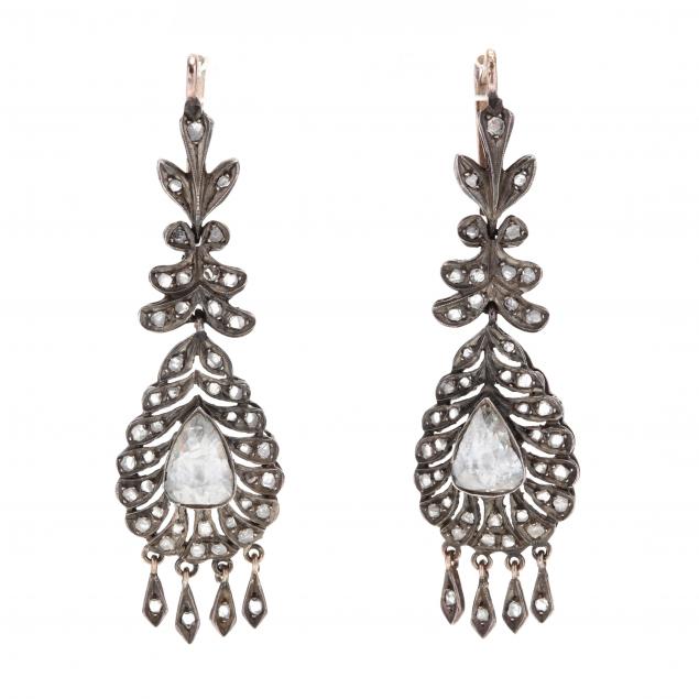 antique-silver-topped-gold-diamond-pendant-earrings