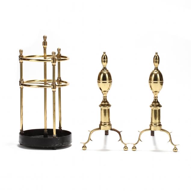 colonial-williamsburg-brass-andirons-and-associated-umbrella-stand