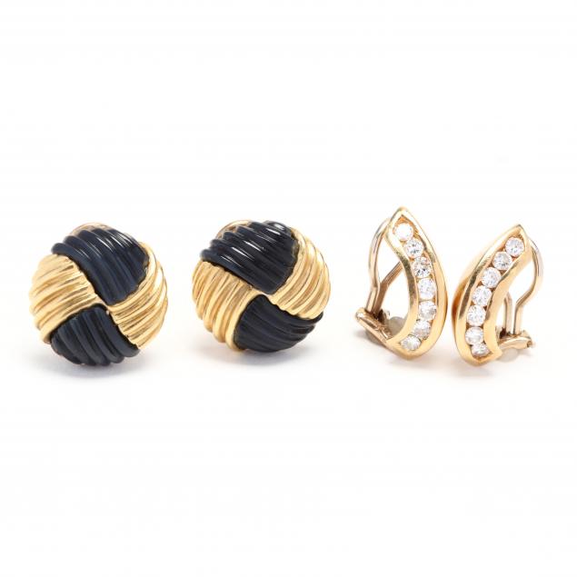 two-pairs-of-gold-and-gem-set-earrings