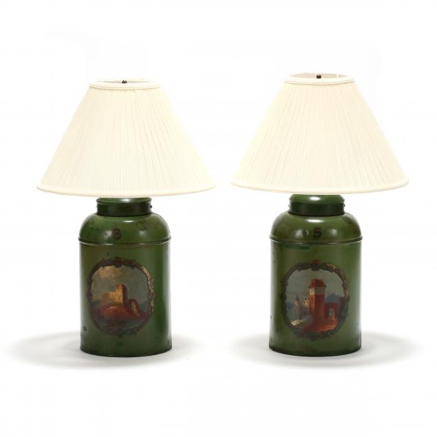 pair-of-antique-tole-ware-tea-canister-table-lamps